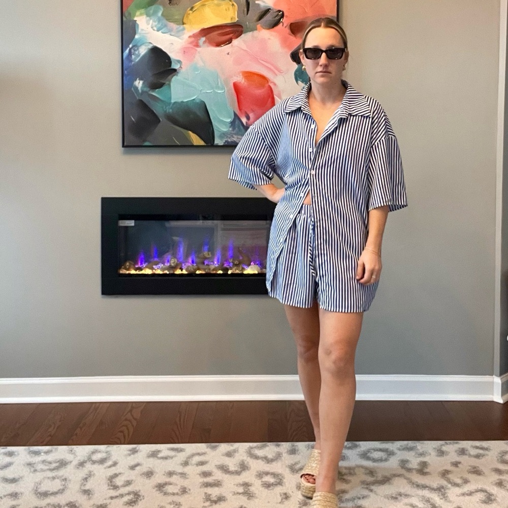 SHEIN Blue and White Striped Romper